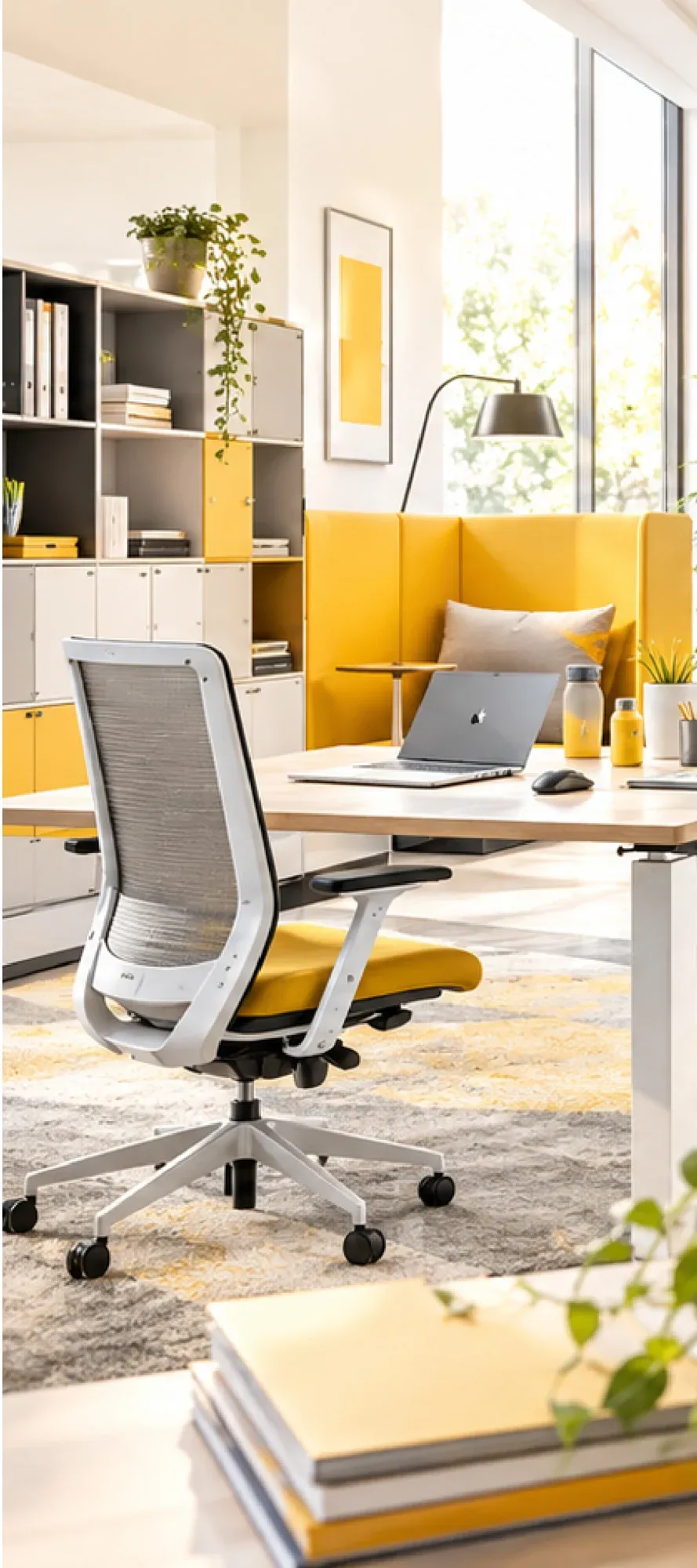 Helles Büro mit weißem Drehstuhl mit gelber Sitzfläche, Schreibtisch mit Laptop, Regalen und gelben Akustikwänden.