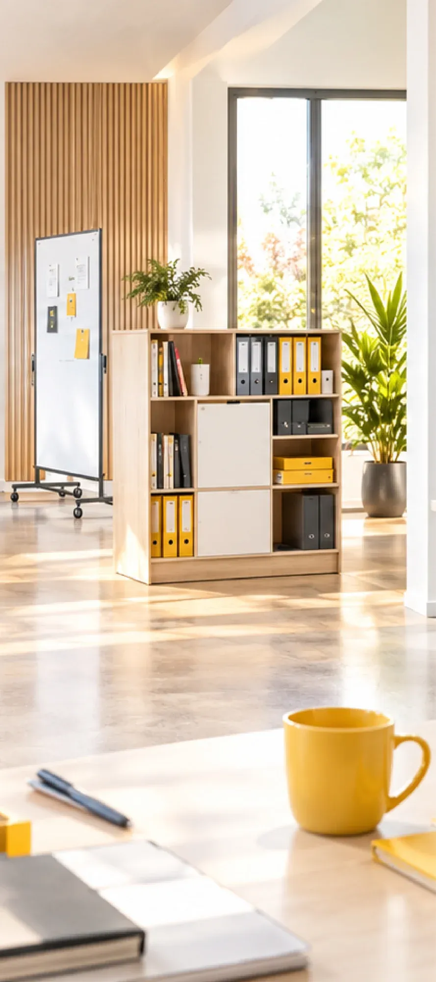Helles Büro mit Holzregal voller gelber und grauer Ordner, Whiteboard, Zimmerpflanzen und gelber Tasse im Vordergrund.