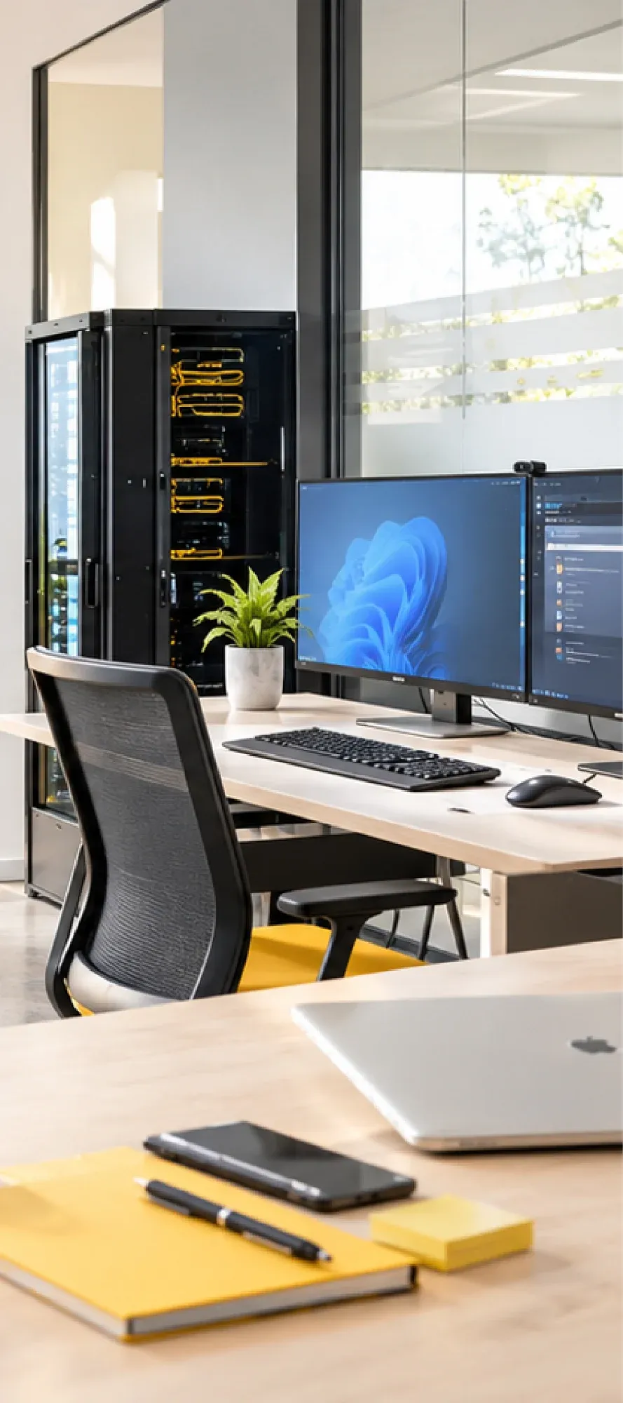 Büroarbeitsplatz mit zwei Monitoren, Tastatur, Maus, Bürostuhl, Laptop, Notizbuch und Serverschrank im Hintergrund.