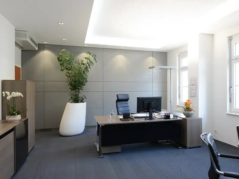 Einzelbüro mit Schreibtisch, Pflanzkübel und indirekter Deckenbeleuchtung