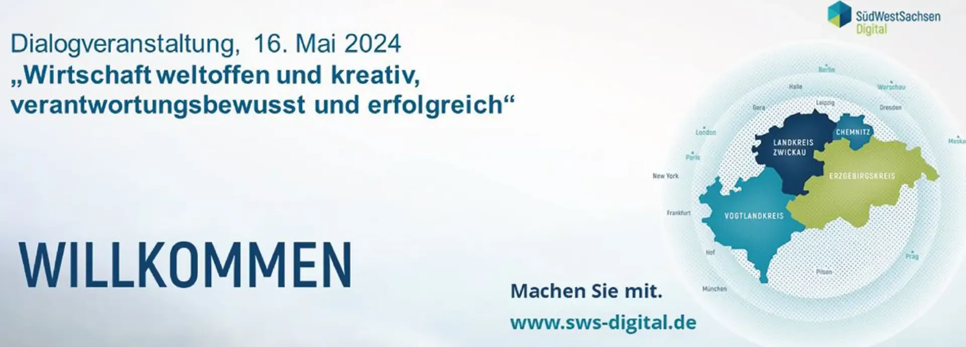 Einladungsgrafik zur Dialogveranstaltung am 16. Mai 2024 mit Karte der Region Südwestsachsen