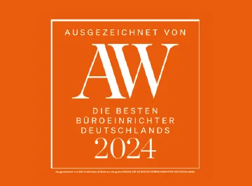 Auszeichnungssiegel „Ausgezeichnet von AW 2024 — Die besten Büroeinrichter Deutschlands“ in Orange