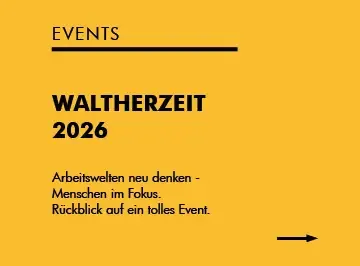 Ankündigungsgrafik „Events – WaltherZEIT 2026: Arbeitswelten neu denken“ auf Gelb