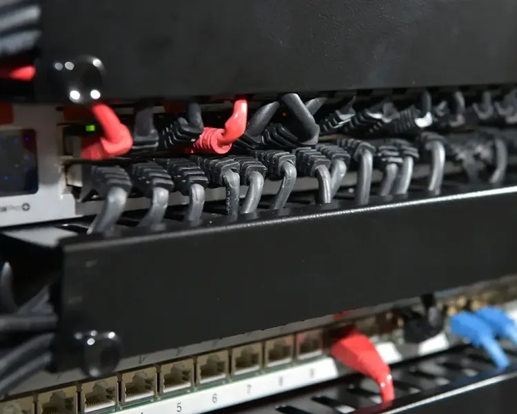 Detail eines Patchfelds mit schwarzen und roten Steckern