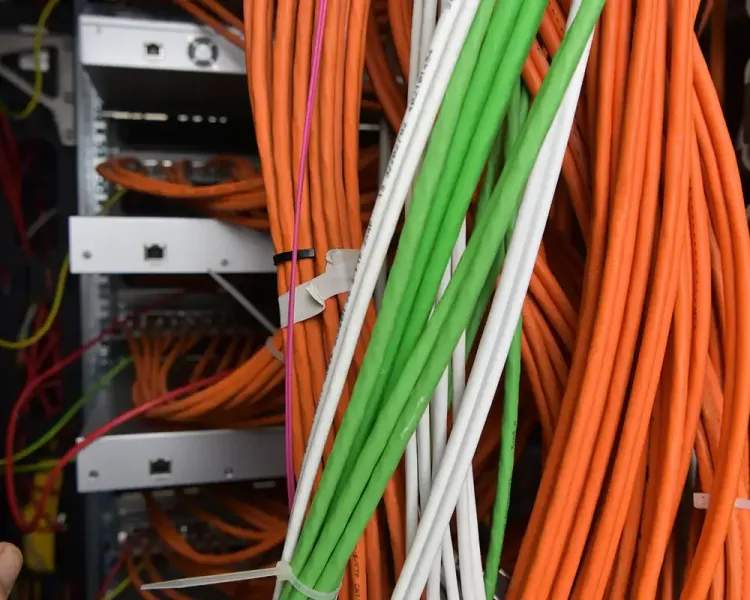 Nahaufnahme orangefarbener und grüner Netzwerkkabel im Serverschrank