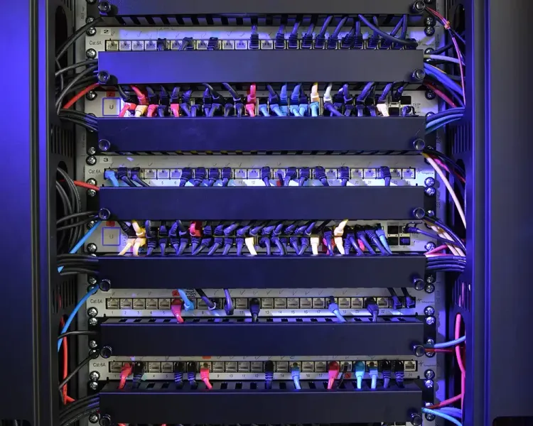 Serverschrank mit mehreren Patchfeldern in blauem Licht