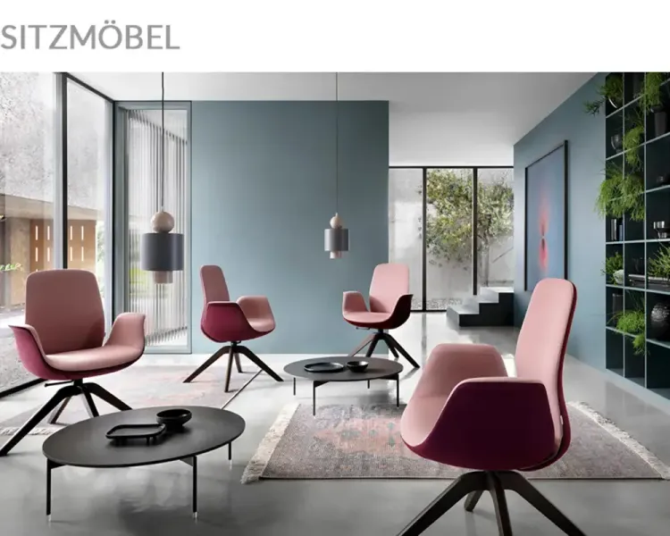 Bereich „Sitzmöbel“ im virtuellen Showroom mit Sesseln in Rosé- und Beerentönen