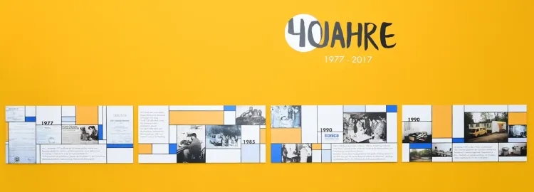 Gelbe Wand mit dem Schriftzug „40 Jahre 1977–2017“ und einer Bildzeittafel